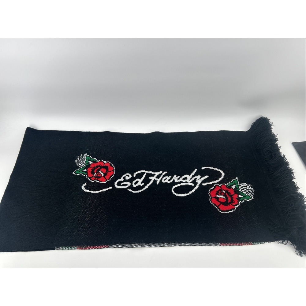 Ed Hardy Black Knit Scarf Embroidered Roses Fringe Trim Tattoo Art Streetwear